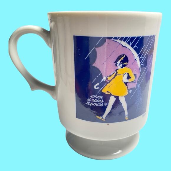 Vtg Set Of 4 Morton Salt Girl Pedestal Coffee Mug Cups When it Rains It Pours - Picture 9 of 15